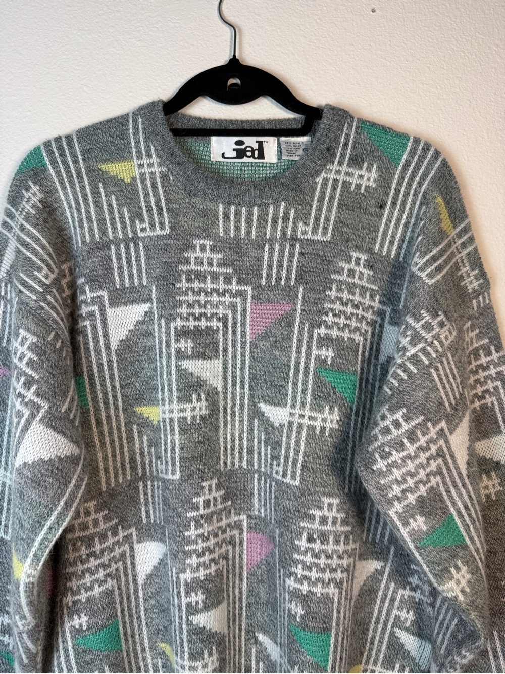 Vintage JED Sweater Mens Medium Grey Geometric Abstract Knit Wool Blend Pullover - Picture 4 of 9